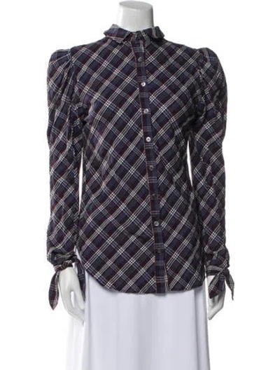 Pre-owned Veronica Beard Plaid Print Mock Neck Button-up Top