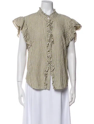 Pre-owned Veronica Beard Plaid Print Mock Neck Button-up Top In Blue