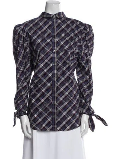 Pre-owned Veronica Beard Plaid Print Mock Neck Button-up Top In Blue