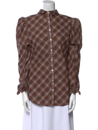 Pre-owned Veronica Beard Plaid Print Mock Neck Button-up Top In Brown