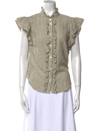 Pre-owned Veronica Beard Plaid Print Mock Neck Button-up Top In Brown