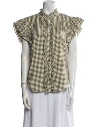 Pre-owned Veronica Beard Plaid Print Mock Neck Button-up Top In Green