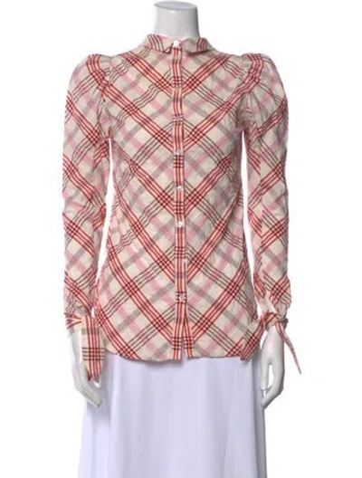 Pre-owned Veronica Beard Plaid Print Mock Neck Button-up Top In Neutral