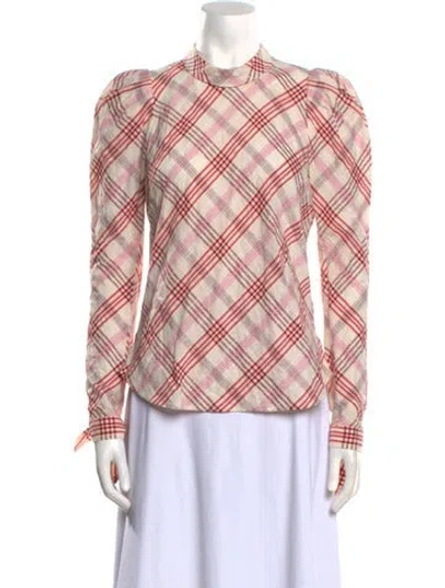 Pre-owned Veronica Beard Plaid Print Mock Neck Button-up Top In White