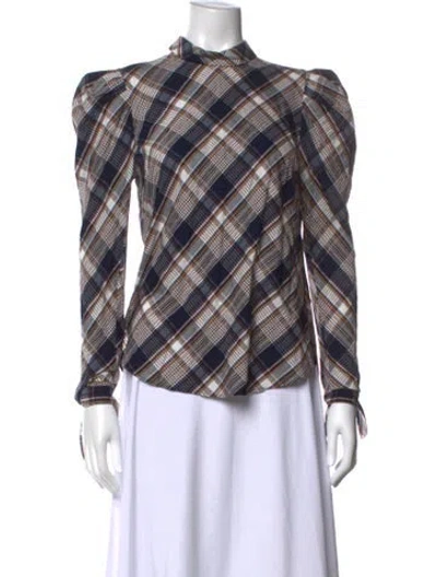Pre-owned Veronica Beard Plaid Print Mock Neck Top In Blue