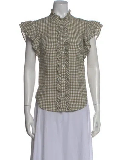 Pre-owned Veronica Beard Plaid Print Short Sleeve Blouse In Green