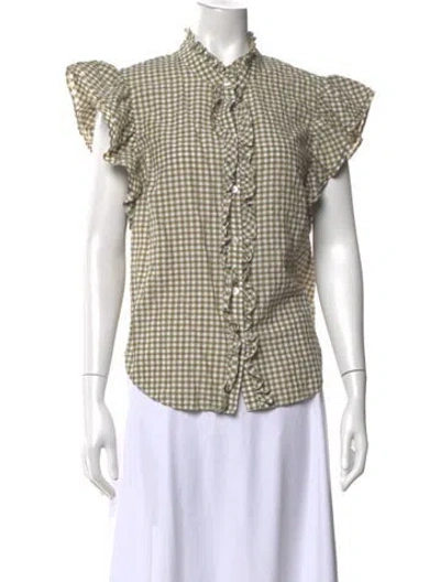Pre-owned Veronica Beard Plaid Print Short Sleeve Blouse In Green