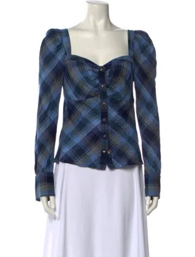 Pre-owned Veronica Beard Plaid Print Square Neckline Blouse In Blue