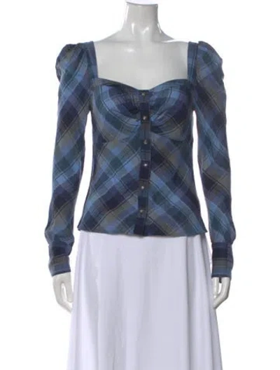 Pre-owned Veronica Beard Plaid Print Square Neckline Blouse In Blue
