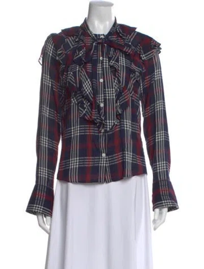 Pre-owned Veronica Beard Plaid Print Tie Neck Blouse In Blue