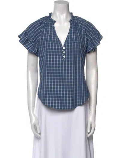 Pre-owned Veronica Beard Plaid Print V-neck Blouse In Blue