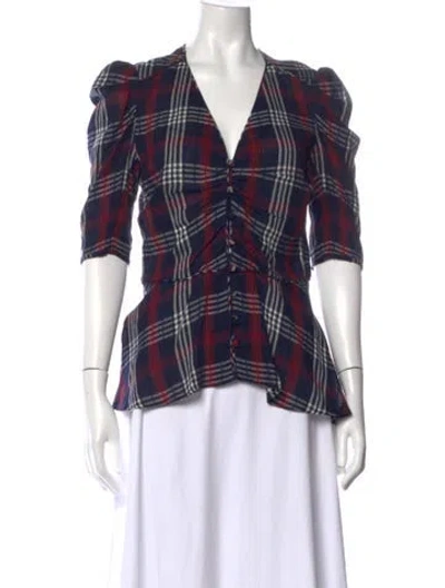 Pre-owned Veronica Beard Plaid Print V-neck Blouse In Blue