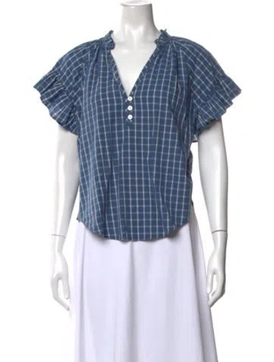 Pre-owned Veronica Beard Plaid Print V-neck Blouse In Blue