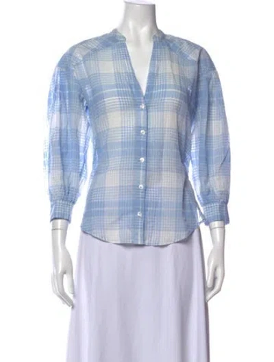 Pre-owned Veronica Beard Plaid Print V-neck Blouse In Blue
