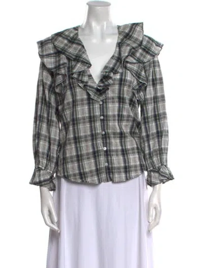 Pre-owned Veronica Beard Plaid Print V-neck Blouse In Green