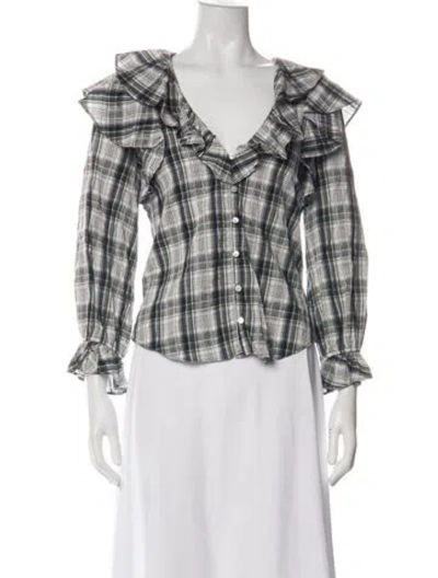 Pre-owned Veronica Beard Plaid Print V-neck Blouse In Green