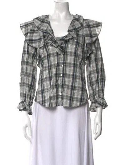 Pre-owned Veronica Beard Plaid Print V-neck Blouse In Green