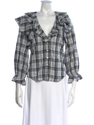 Pre-owned Veronica Beard Plaid Print V-neck Blouse In Green