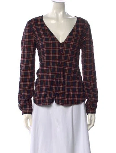 Pre-owned Veronica Beard Plaid Print V-neck Blouse In Red