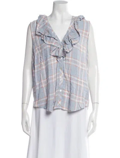 Pre-owned Veronica Beard Plaid Print V-neck Blouse W/ Tags In Blue