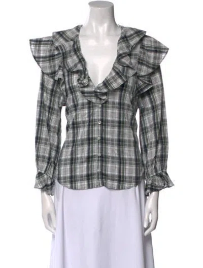 Pre-owned Veronica Beard Plaid Print V-neck Blouse In White