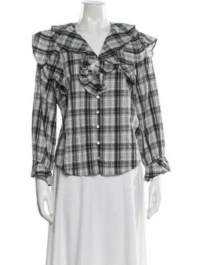 Pre-owned Veronica Beard Plaid Print V-neck Blouse In White