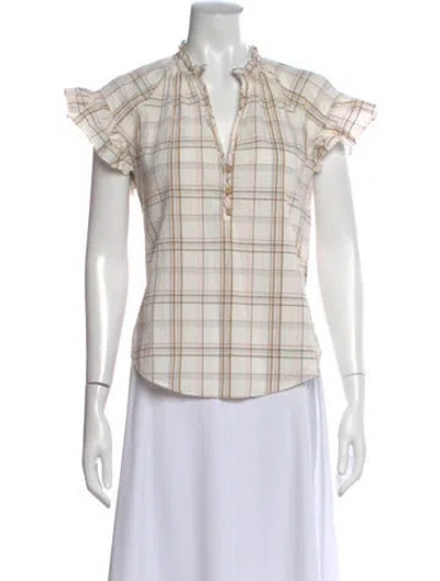 Pre-owned Veronica Beard Plaid Print V-neck Blouse In White