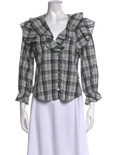 Pre-owned Veronica Beard Plaid Print V-neck Blouse In White