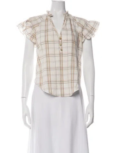 Pre-owned Veronica Beard Plaid Print V-neck Blouse In White