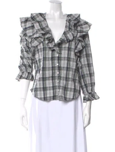 Pre-owned Veronica Beard Plaid Print V-neck Blouse In White