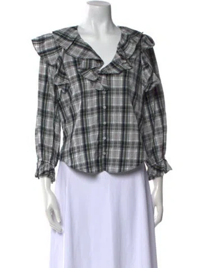 Pre-owned Veronica Beard Plaid Print V-neck Button-up Top In Neutral