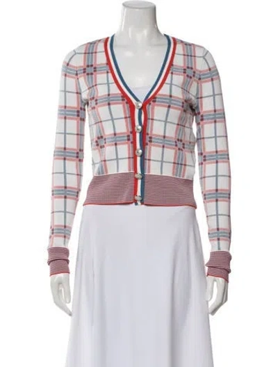 Pre-owned Veronica Beard Plaid Print V-neck Sweater In White