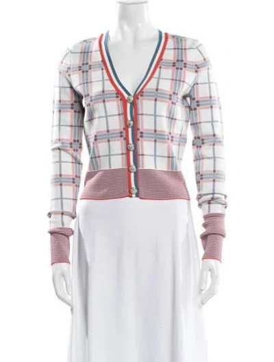 Pre-owned Veronica Beard Plaid Print V-neck Sweater In White