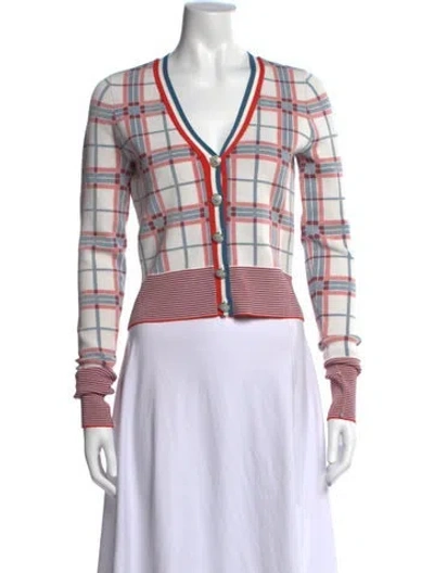 Pre-owned Veronica Beard Plaid Print V-neck Sweater In White