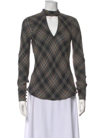 Pre-owned Veronica Beard Plaid Print V-neck Top In Brown
