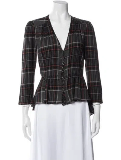 Pre-owned Veronica Beard Plaid Print V-neck Top In Gray