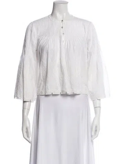 Pre-owned Veronica Beard Printed Three-quarter Sleeve Blouse In White