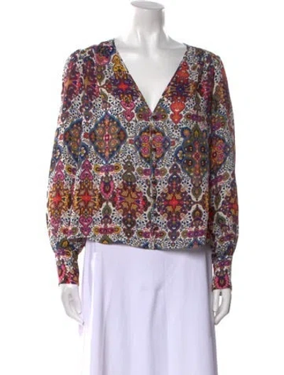 Pre-owned Veronica Beard Printed V-neck Blouse In White