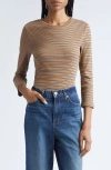Veronica Beard Pruitt Stripe Three Quarter Sleeve Cotton T-shirt In Brown