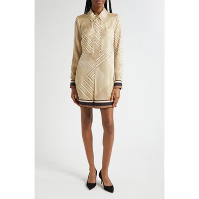 Veronica Beard Pryce Border Print Long Sleeve Silk Blend Shirtdress In Neutral