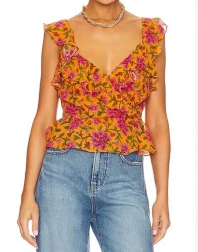 Veronica Beard Randa Ruffle Floral Silk Top In Yellow Floral In Burgundy