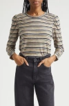 Veronica Beard Remus Stripe Ruched Long Sleeve T-shirt In Brown
