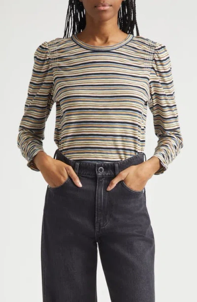 Veronica Beard Remus Stripe Ruched Long Sleeve T-shirt In Brown