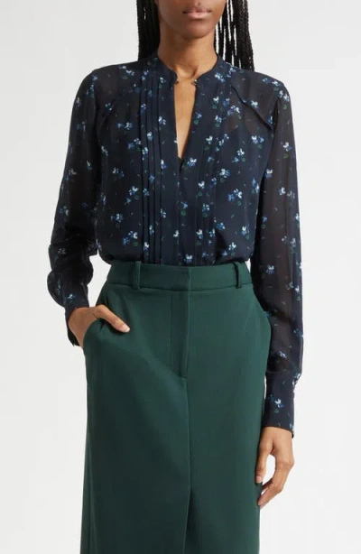 Veronica Beard Rennon Floral Pleat Detail Top In Blue