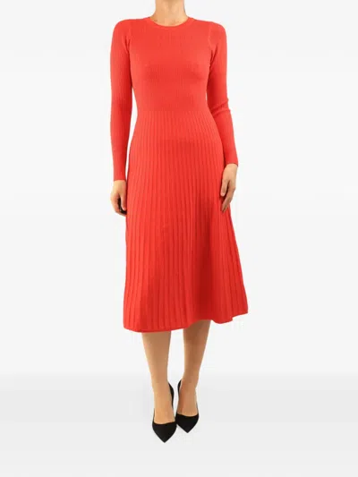 Pre-owned Veronica Beard Ribbed-knit Long-sleeve Midi Dress In Red