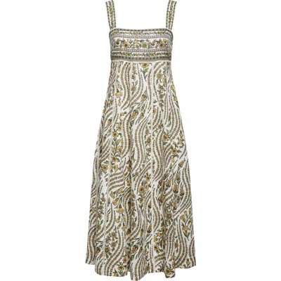 Veronica Beard Rye Open-back Floral-print Linen Midi Dress In Dove/green Multi
