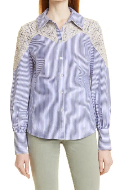 Veronica Beard Sachse Stripe Crochet Accent Cotton Blouse In Blue/white