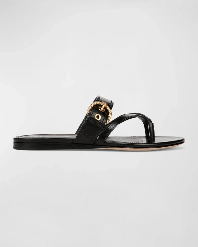Veronica Beard Salva Leather Thong Buckle Sandals In Black Leather
