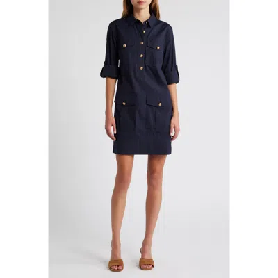 Veronica Beard Saude Long Sleeve Cargo Shirtdress In Blue