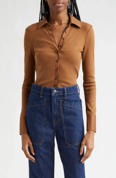 Veronica Beard Scottie Mixed Media Stretch Cotton Button-up Shirt In Whisky